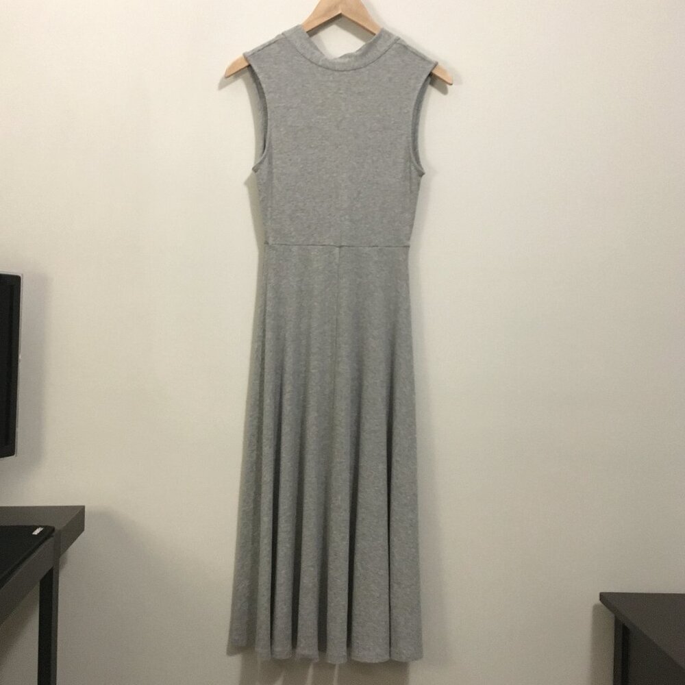 Gorpcore Granola Girl Grey Heather Ribbed Dress Keyhole Tie Neck Rayon - XS